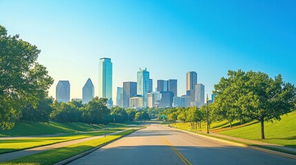 Dallas Skyline with Trees and Road