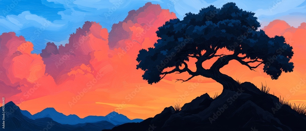 Canvas Prints  A tree atop a hill, painted against a sunset backdrop Sky filled with clouds