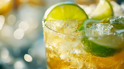 Close-up of a Caipirinha with crushed ice and lime wedges, highlighting the freshness