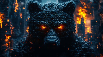 Obraz premium A fierce bear made of pixels stands against a backdrop of flames at night