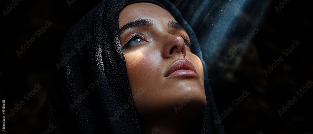 Poster  A women's face, tightly framed by a black shawl against a uniformly black background