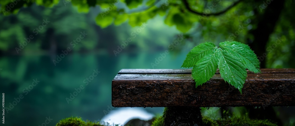 Canvas Prints  A green leaf atop a wooden bench, before a forest of verdant trees and reflective water