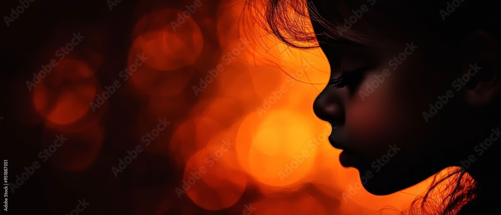 Sticker  A child's face, sharply focused, framed by a blurred backdrop of red and orange lights