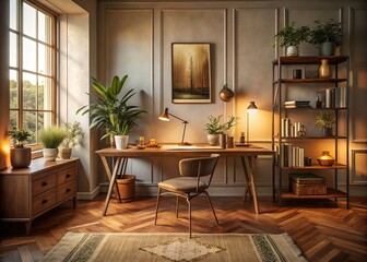 Fototapeta premium Moody atmospheric workspace vignette featuring eclectic mix of vintage decorative accents amidst modern minimalist furniture amidst soft golden light warm beige tones.