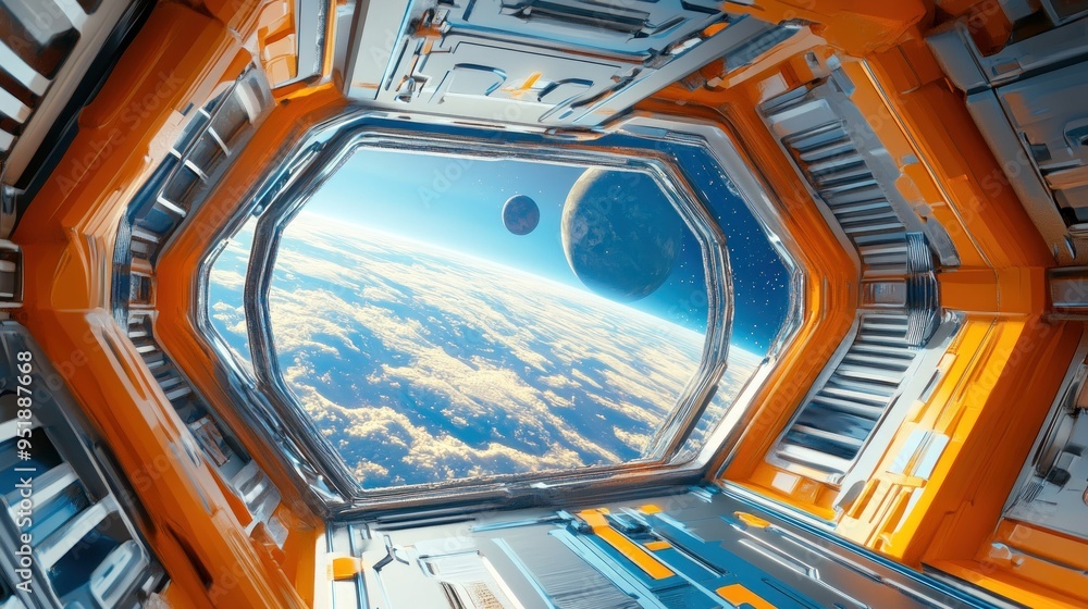 Poster spaceship window view of earth and planets