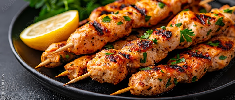 Wall mural a plate of chicken skewers, garnished with lemon and parsley side includes additional parsley