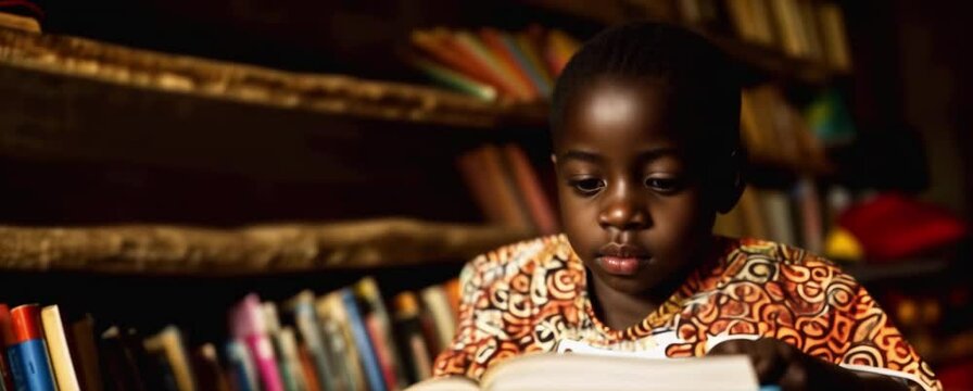 African child reading book celebrating International Literacy Day September 8th with text, education and literature