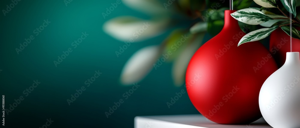 Poster  Two red and white vases atop a white table, beside a green, leafy plant