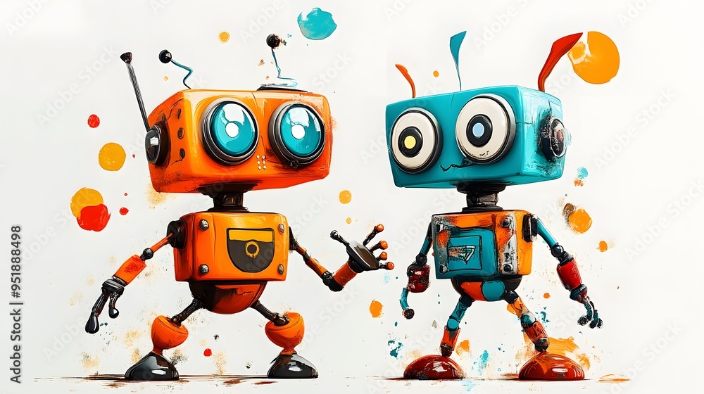 Poster friendly robots with paint splatter.