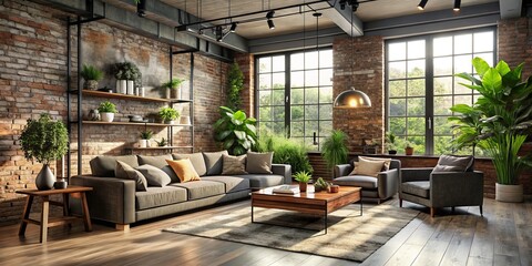 Moody Industrial Chic Exposed Brick Accent Wall Natural Light Filled Open Concept Living Room with Modern Minimalist Furniture and Potted Greenery against Urban Background