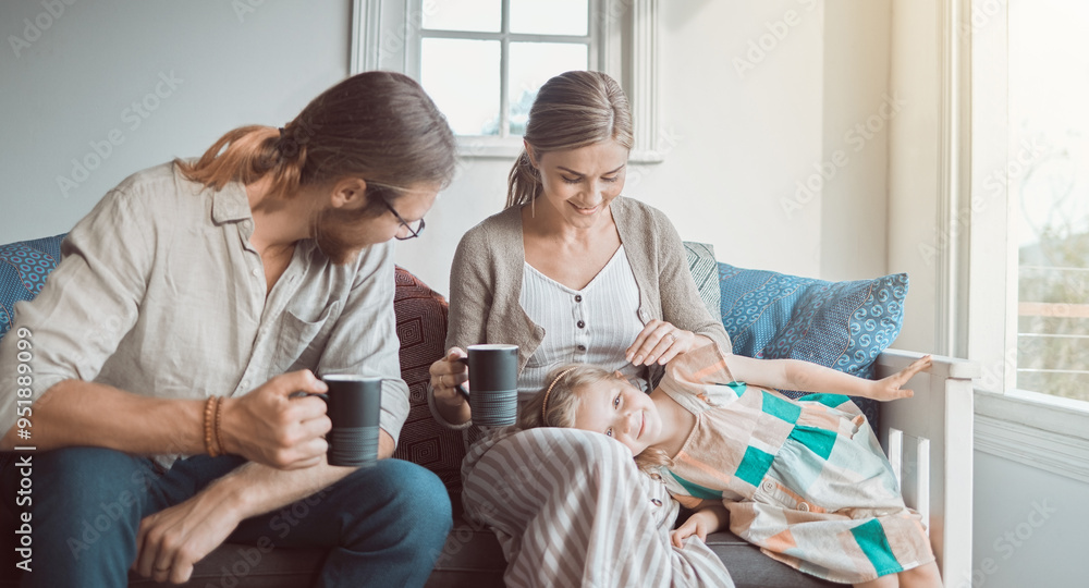 Canvas Prints Coffee, happy and parents with child on sofa for bonding, loving relationship and relax together in morning. Family, love and mom, dad and girl at home for talking, laugh and embrace in living room