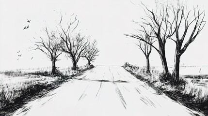 Obraz premium Hand-painted landscape illustrations with black and white lines,generated with AI. 