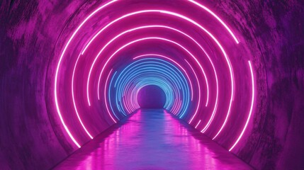Obraz premium Neon-lit tunnel with glowing concentric circles leading into the unknown
