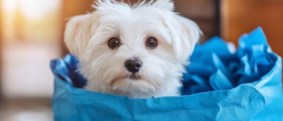  A tight shot of a tiny white dog holding a blue sack in its lap, gazing directly into the camera