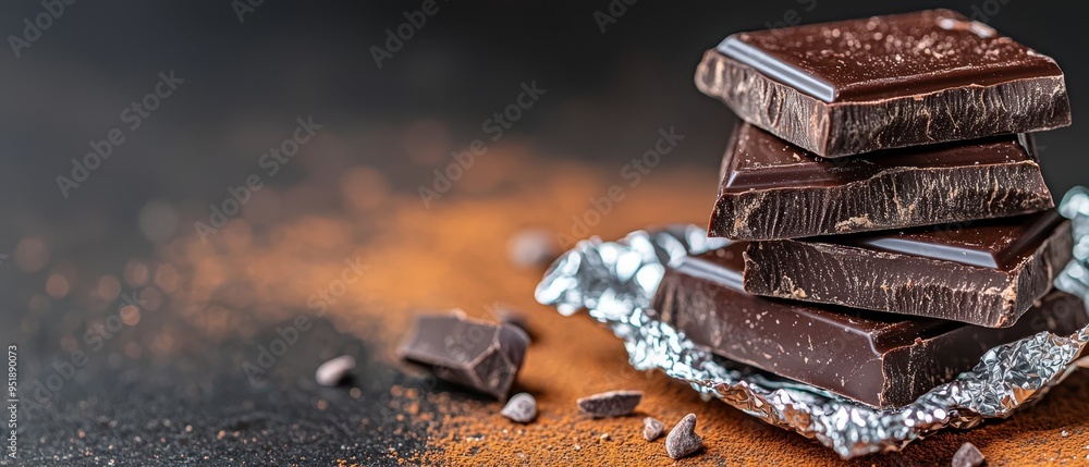 Canvas Prints  A stack of chocolate bars on tin foil, atop a black countertop