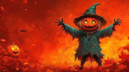 Spooky Halloween Pumpkin Scarecrow in Autumn Leaves