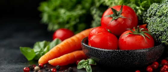  A bowl holds tomatoes, broccoli, carrots, and cranberries on a black surface