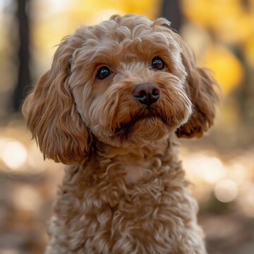 A light brown cavapoo with soft fur and an inquisitive look sits on grass in a sunlit autumn forest with a blurred background.