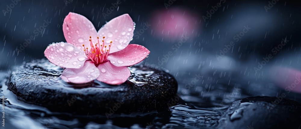 Canvas Prints  A pink bloom perches atop a jet-black boulder, surrounded by a tranquil expanse of water Dewy droplets adorn its petals