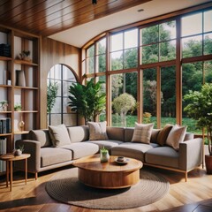 A cozy, modern living room is filled with natural light streaming through large glass doors.