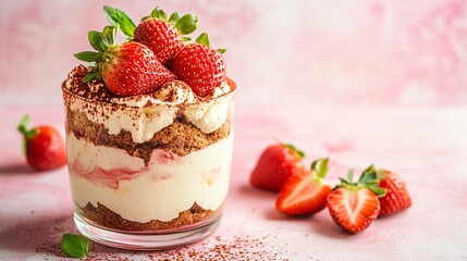 Tiramisu topped with fresh strawberries, set against a bright, summery backdrop