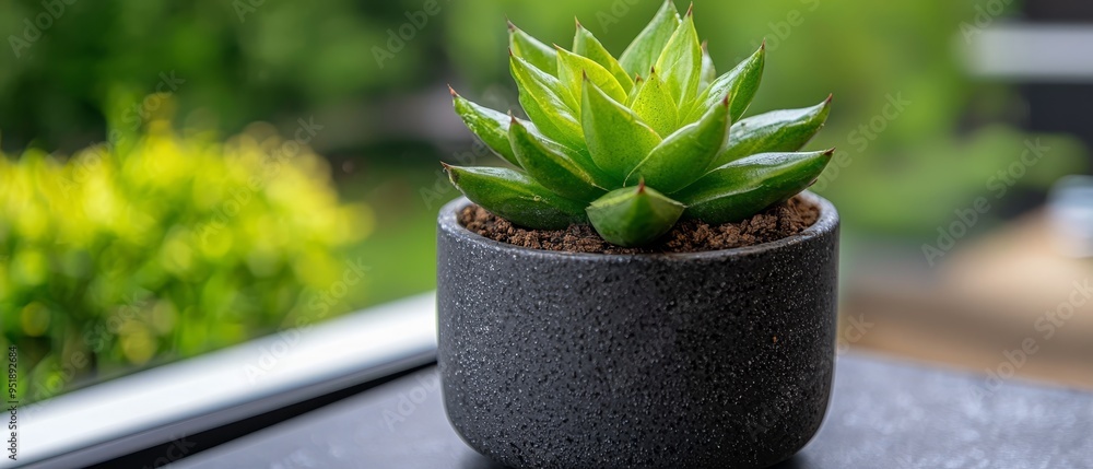 Canvas Prints  A small succulent in a black pot on the windowsill