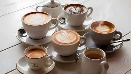 Set of cups with assorted coffee drinks on white background