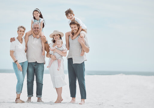 Generations, family and portrait on beach with smile, bonding or relax on travel holiday with mockup space. Grandparents, parents and kids on ocean vacation with happy people together in Australia