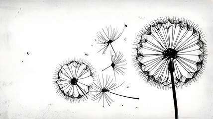 Black and white line drawing of dandelions, perfect for naturethemed designs, artwork, books, and botanical illustrations.