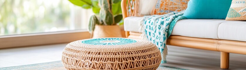 Obraz premium Eclectic boho living room with vintage furniture, layered textiles, and a mix of patterns and colors, Vintage Boho Living Room Decor, free-spirited and cozy atmosphere