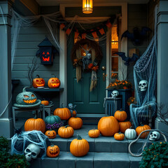 Spooky Halloween decorations adorn a porch with pumpkins and cobwebs