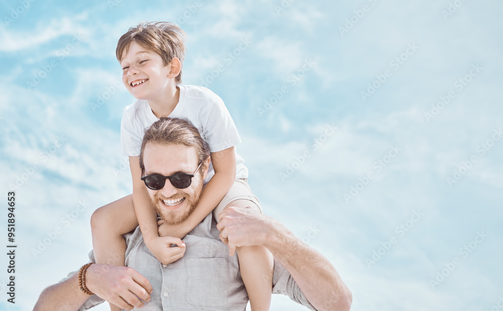 Wall mural Family, carrying and shoulder outdoor for travel, bonding and tropical holiday with summer, trust and fun. Father, people and boy for vacation, relationship and adventure in Santorini with blue sky