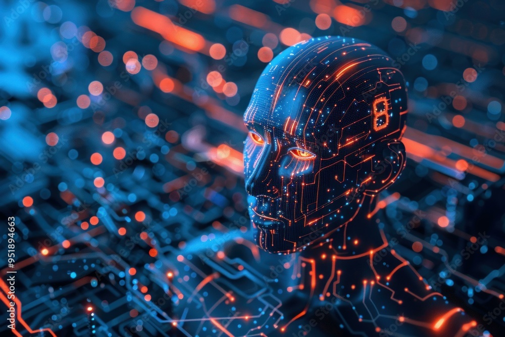 Poster digital rendering of artificial intelligence emerging from a complex circuit board