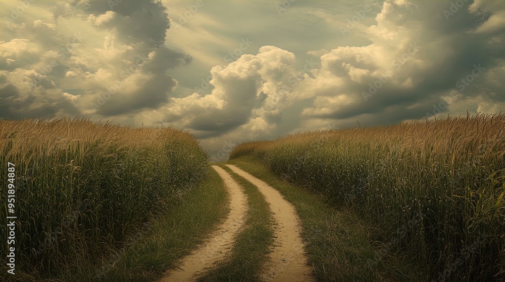 Wall mural a dirt path winds through a field of tall, golden grasses under a dramatic, cloudy sky. the path str