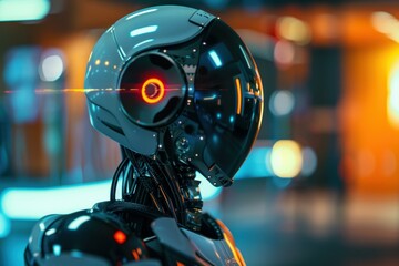 Fototapeta premium Futuristic robot with glowing visor standing on a city street at night