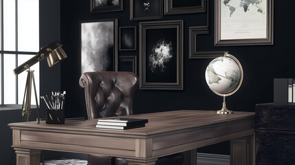Dark Sophisticated Office Interior with Classic Globe and Leather Chair