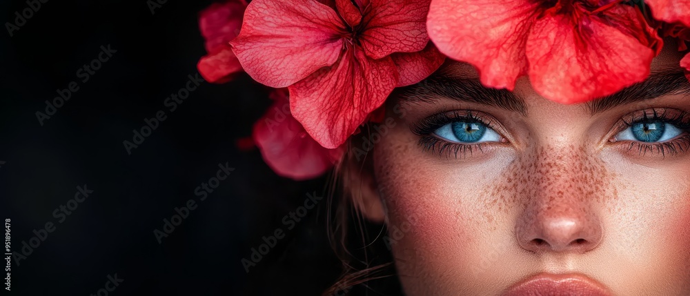 Wall mural  A woman with freckled hair and blue eyes wears red flowers in her unruly, freckled tresses One red bloom rests atop her head as well