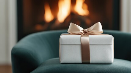 A beautifully wrapped gift box with a satin ribbon placed on a green chair, with a cozy fireplace glowing softly in the background.