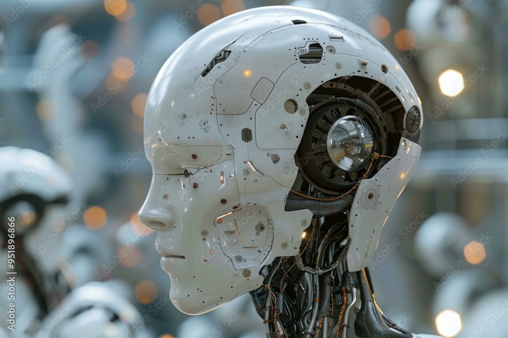 Poster close up of a white humanoid robot with exposed circuitry standing in a group of robots