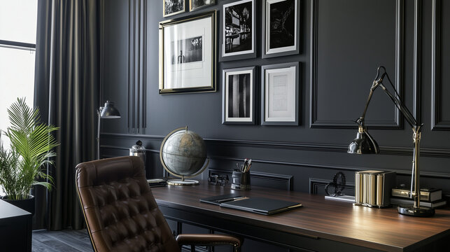 Refined Office with Leather Chair and Elegant Black Walls
