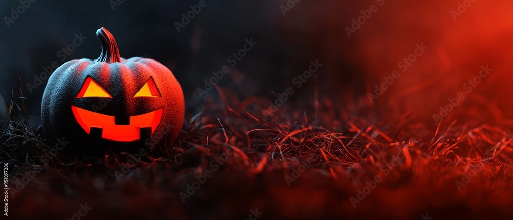 Canvas Prints  A Halloween pumpkin sits in the grass, its face etched with a frightening grin, glowing ominously in the dark