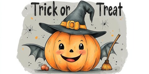 Whimsical Halloween Pumpkin Character Dressed as an Evil Witch