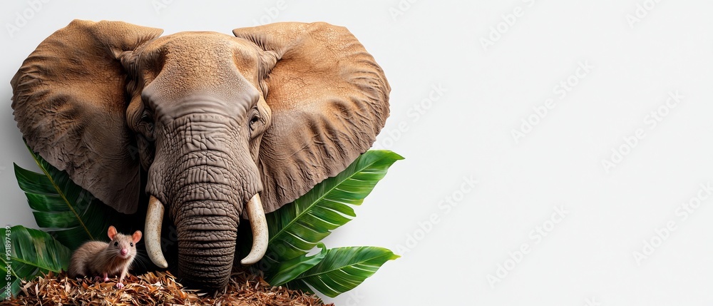 Wall mural a large elephant stands next to a small animal atop a mound of earth nearby, a green, leafy plant gr