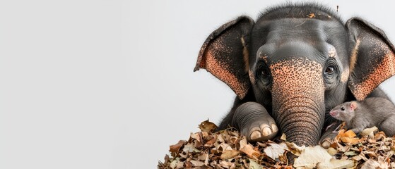  A baby elephant stands next to an adult elephant, trunks touching a pile of leaves against a white backdrop