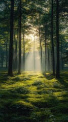 Obraz premium Serene Forest with Sun Rays and Mist