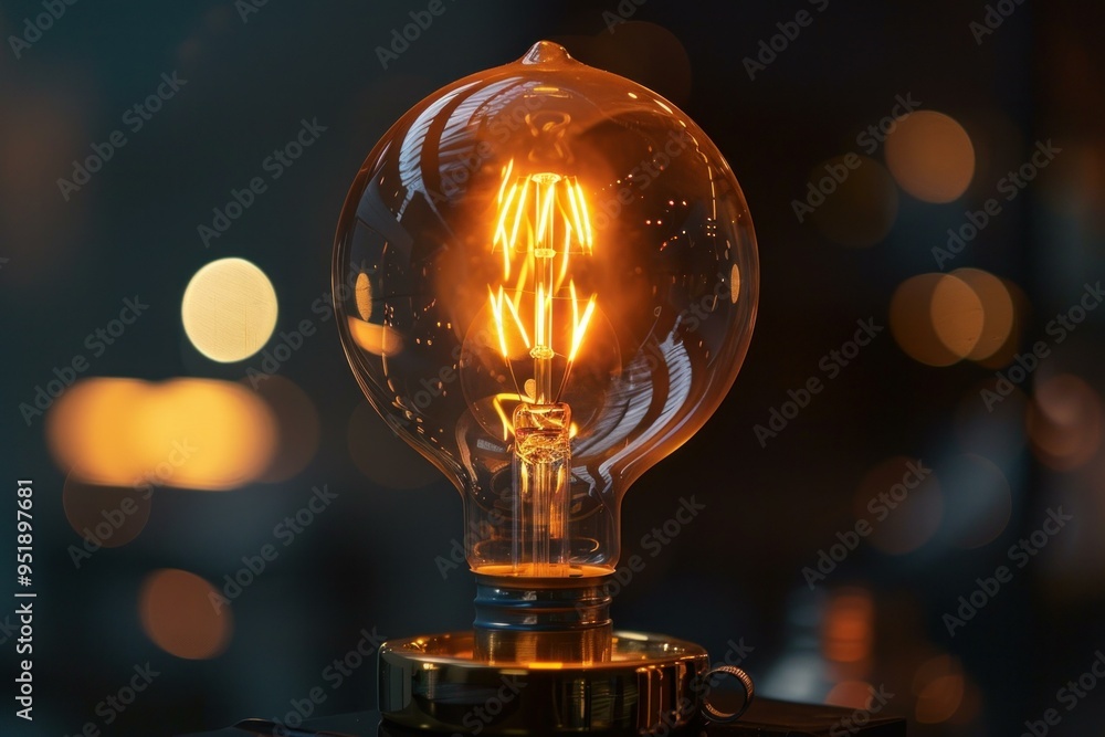 Poster old fashioned light bulb illuminating a dark room with warm bokeh in the background