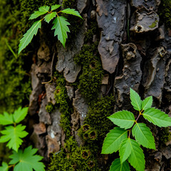 Fototapeta premium Detailed view of green leaves growing on a textured tree bark in nature