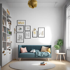Stylish scandinavian newborn baby room with brown wooden mock up poster frame, toys, plush animal and child accessories. 3d rendering.