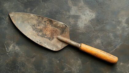 Rusty Hand Trowel with Wooden Handle on a Rough Surface