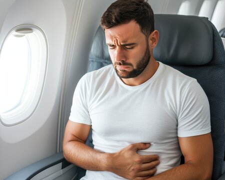A man seated on an airplane clutches his stomach in discomfort, showing signs of pain or nausea during flight.